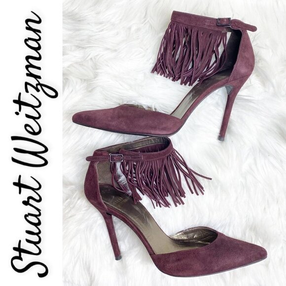 STUART WEITZMAN Fringelica Currant Suede D'Orsay Ankle Fringe Stilettos Size 7.5 - Picture 3 of 12
